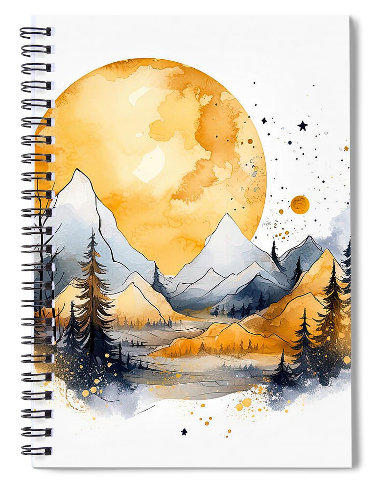 Yellow And Gray Spiral Notebook featuring the painting Golden Moon over the Grays by Lourry Legarde