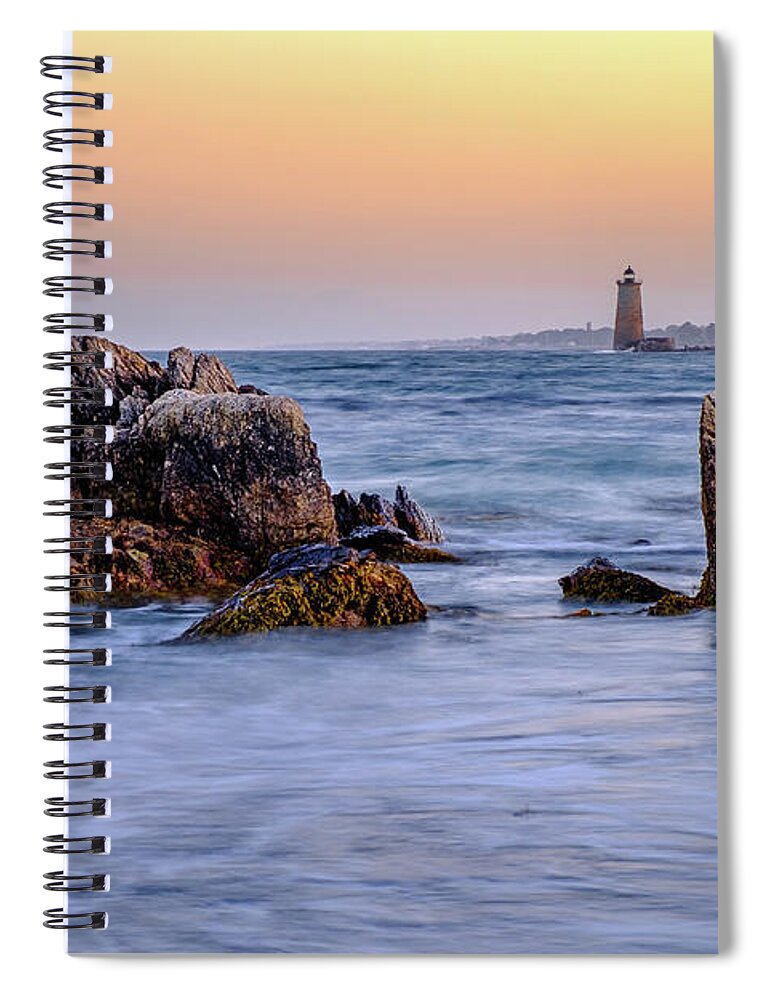 Bay Spiral Notebook featuring the photograph Golden Sky, Whaleback Light. by Jeff Sinon