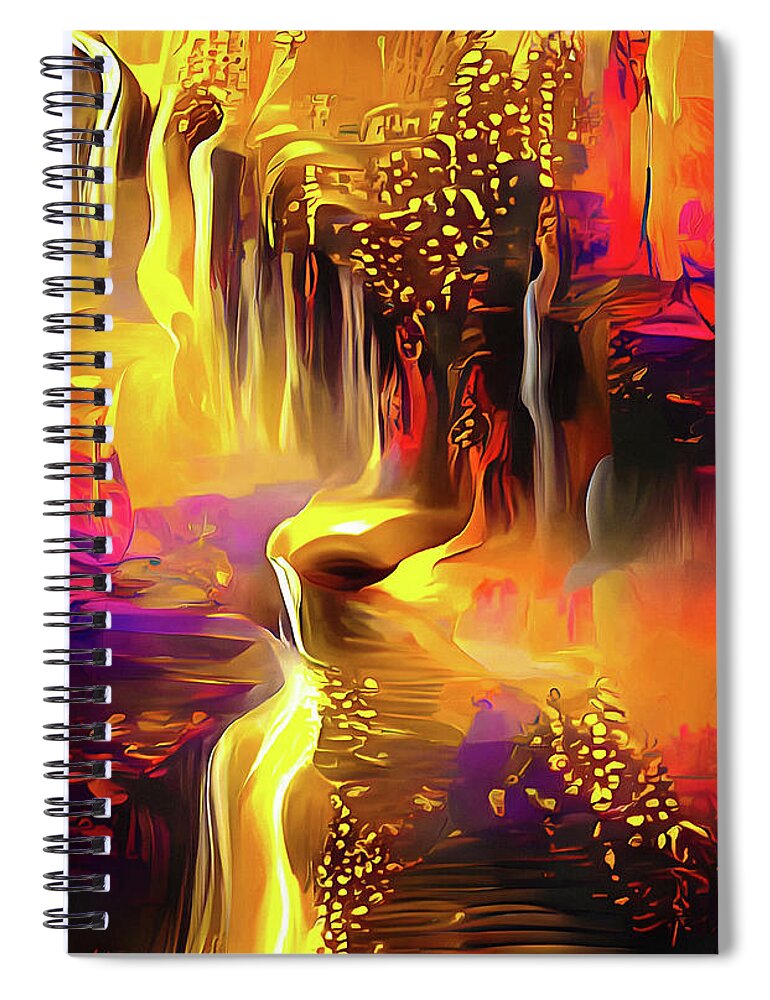 Abstract Spiral Notebook featuring the digital art Golden Waterfall 08 Colorful Water Flow by Matthias Hauser