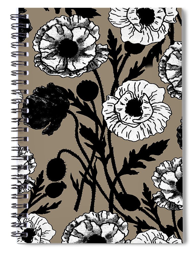 Poppies Spiral Notebook featuring the painting Gorgeous Black And White Ink Poppies On Vintage Retro Beige Botanical Pattern Flowers by Irina Sztukowski
