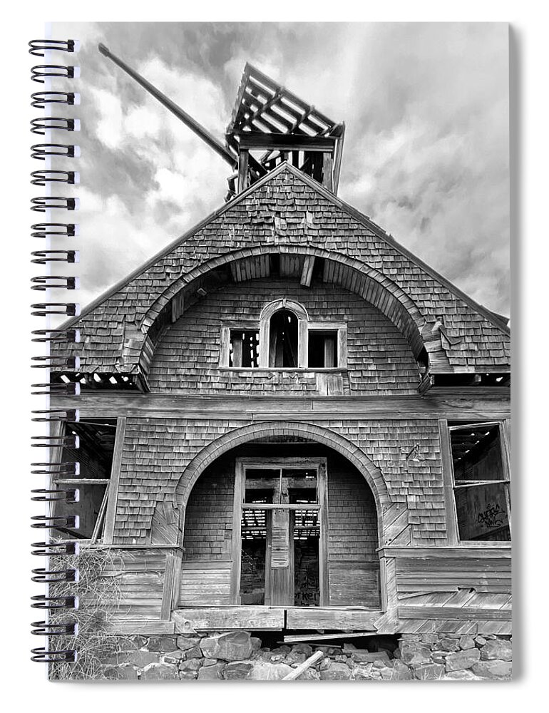 Abandoned Spiral Notebook featuring the photograph Govan Schoolhouse bw by Jerry Abbott