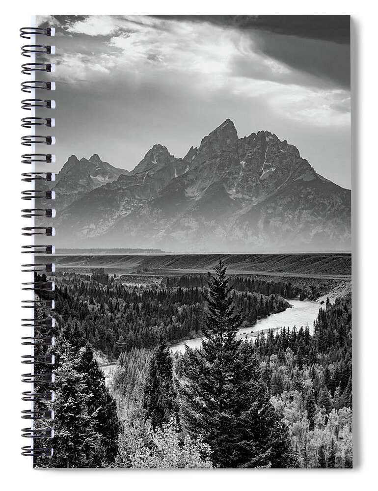 American Spiral Notebook featuring the photograph Grand Teton Classic Mountain River View - Black and White Edition by Gregory Ballos