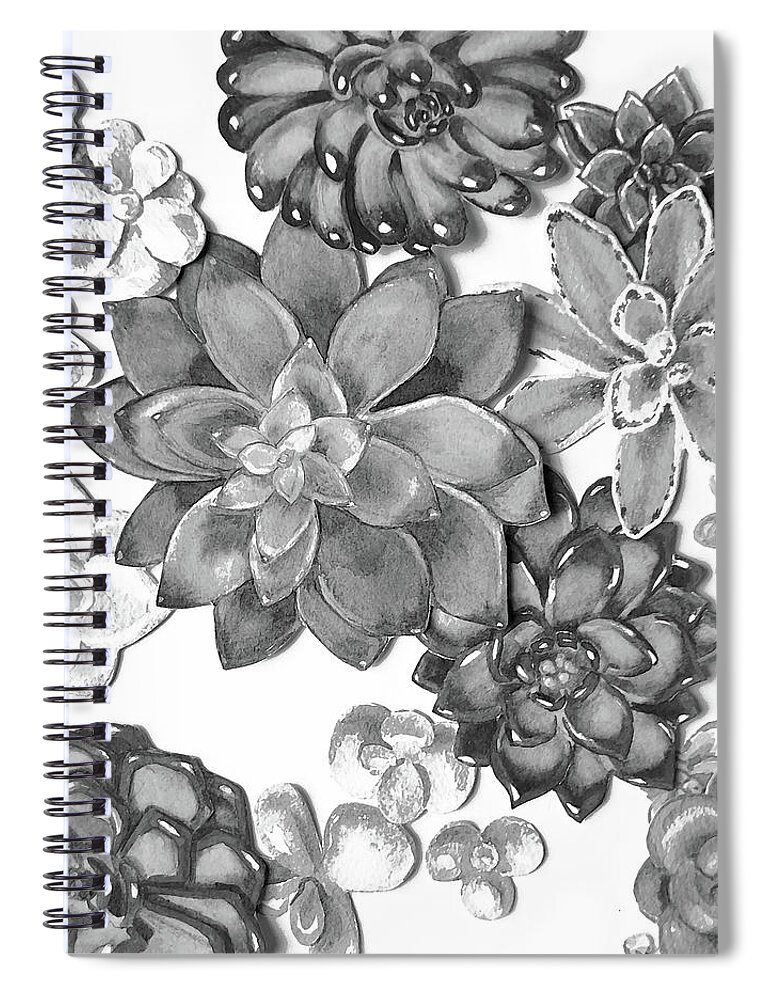 Succulent Spiral Notebook featuring the painting Gray Monochrome Succulent Plants Garden Watercolor Art Decor I by Irina Sztukowski