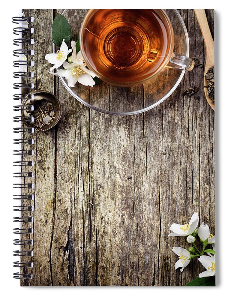 Tea Spiral Notebook featuring the photograph Green and jasmine tea from above by Jelena Jovanovic