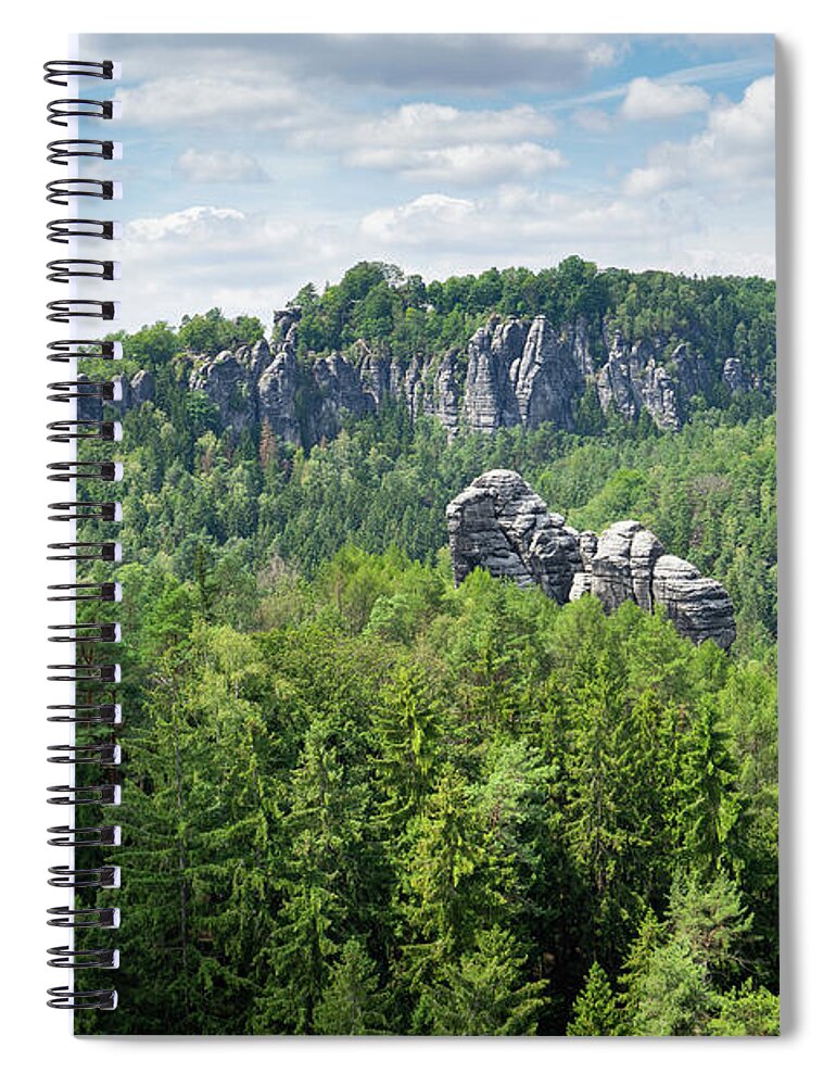 Elbe Sandstone Mountains Spiral Notebook featuring the photograph Green forest and sandstones in the Bastei area, Saxon Switzerland by Adriana Mueller