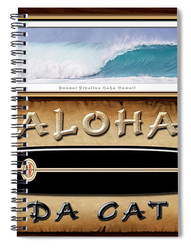 Historic Surfboards Spiral Notebook featuring the photograph Greg Noll - A tribute to Big Wave Surfing Pioneers famous Da Cat Design by Aloha Art