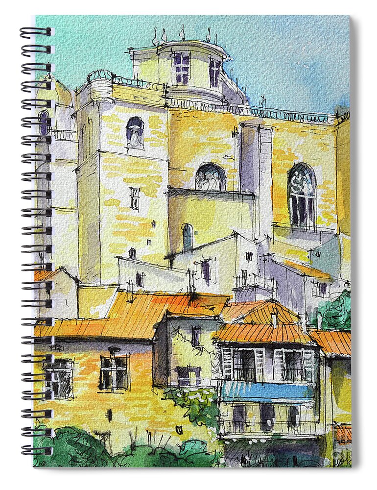 Grignan Spiral Notebook featuring the painting GRIGNAN VILLAGE PROVENCE FRANCE watercolor painting Mona Edulesco by Mona Edulesco