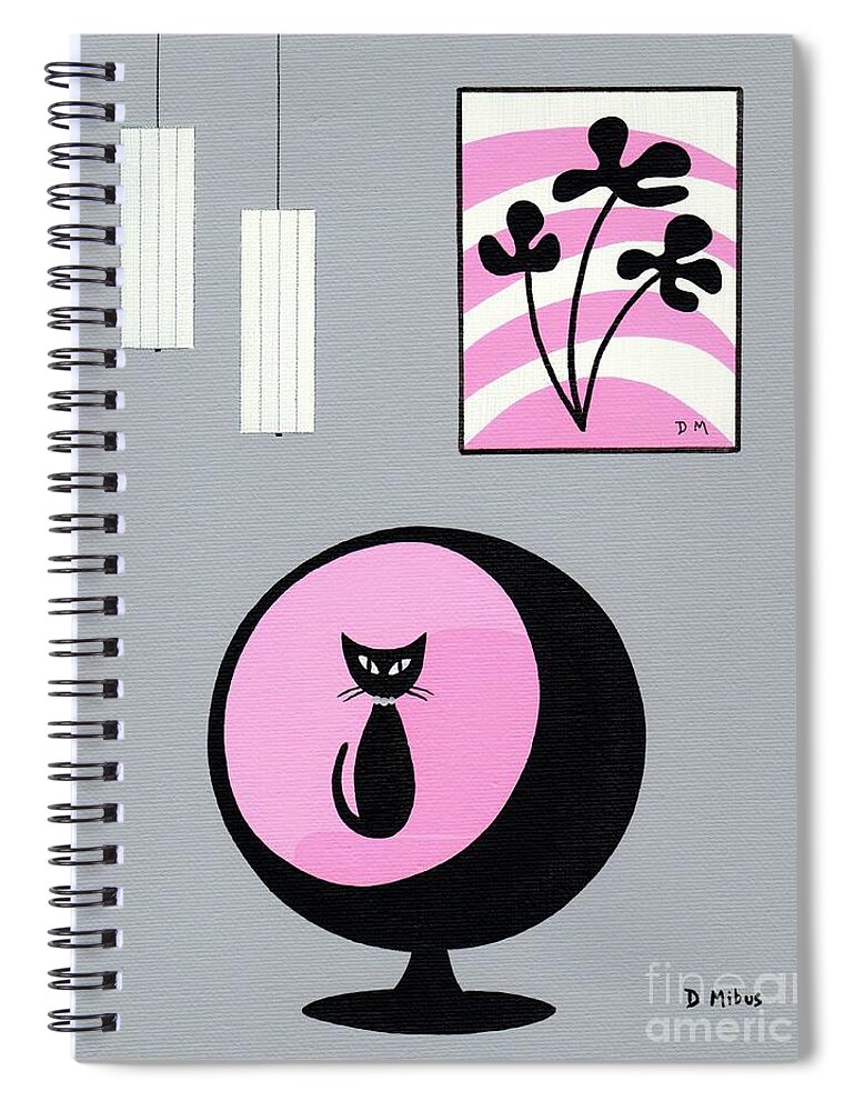 Mid Century Modern Spiral Notebook featuring the painting Groovy Pink and Gray Room with Mod Flowers by Donna Mibus