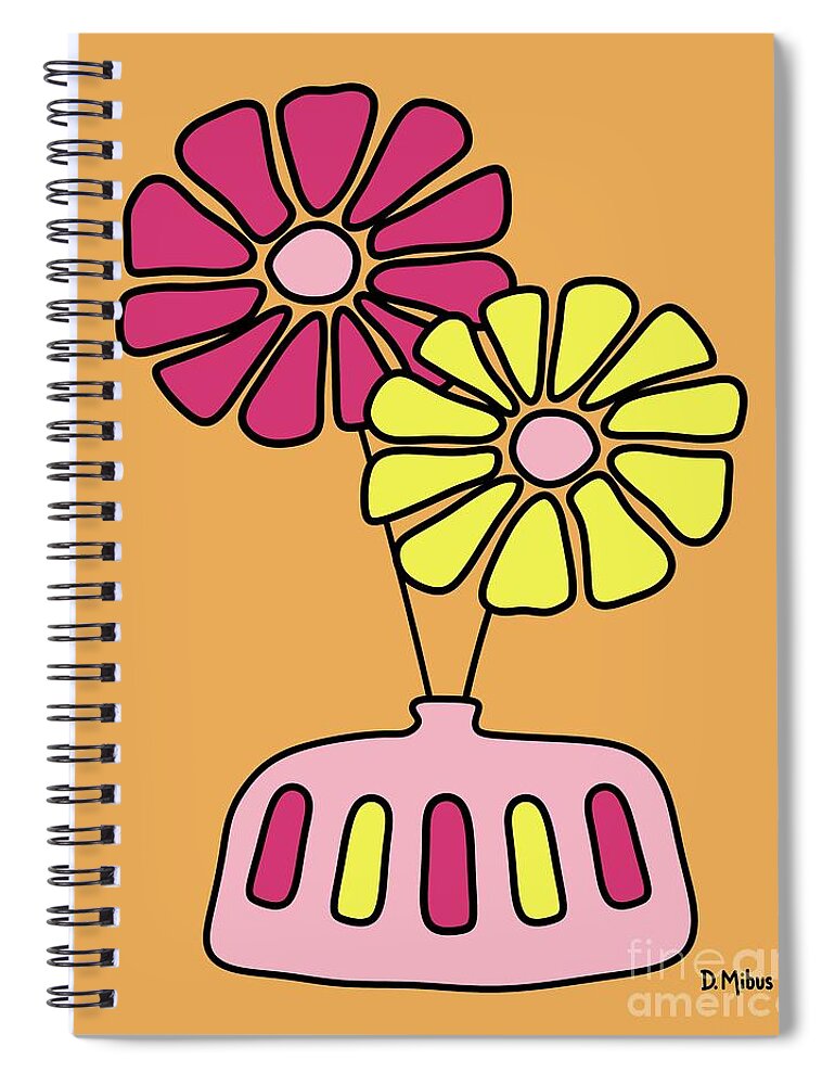 Groovy Spiral Notebook featuring the digital art Groovy Pink and Yellow Flowers on Melon by Donna Mibus