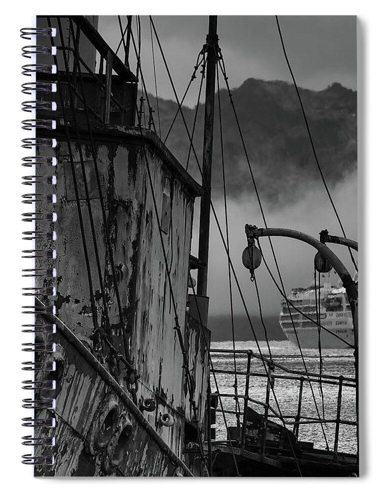  Spiral Notebook featuring the digital art Grytviken, South Georgia mono by Darcy Dietrich