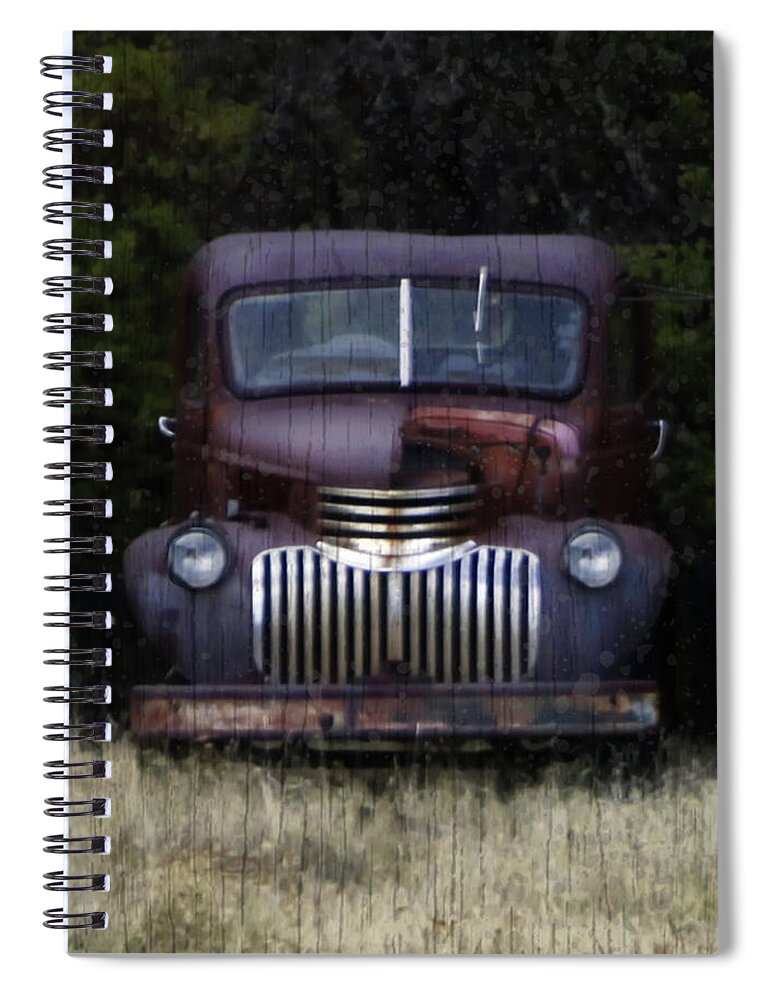 Vintage Truck Spiral Notebook featuring the mixed media Guardian of the Field by Kandy Hurley