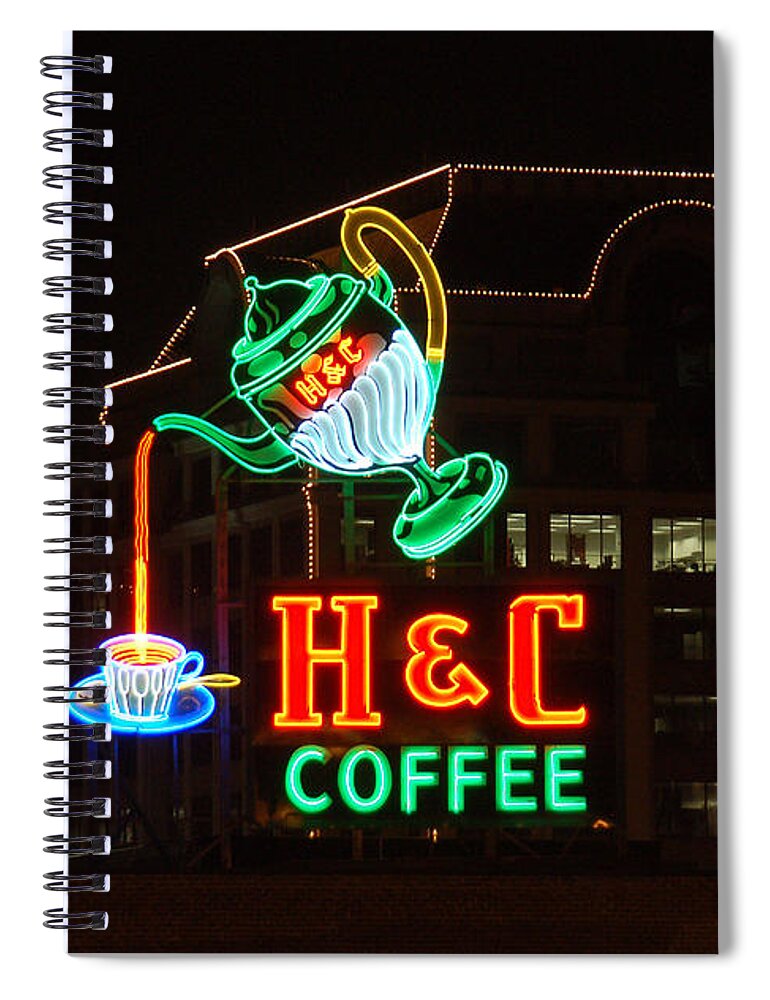 H C Coffee Spiral Notebook featuring the photograph H and C Coffee Sign Pouring At Night in Roanoke Virginia by Suzanne Gaff
