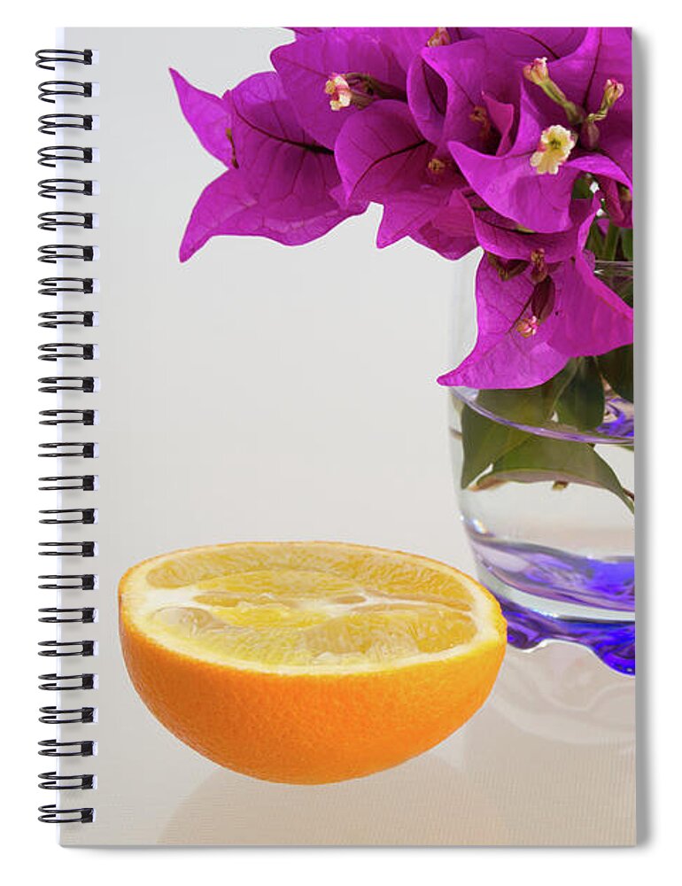 Orange Spiral Notebook featuring the photograph Orange fruit and pink flowers in the Mediterranean sunlight by Adriana Mueller