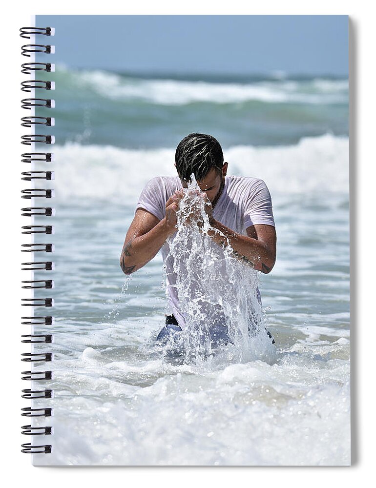 Man Spiral Notebook featuring the photograph Handsome man in the ocean waves wall art by Mark Stout