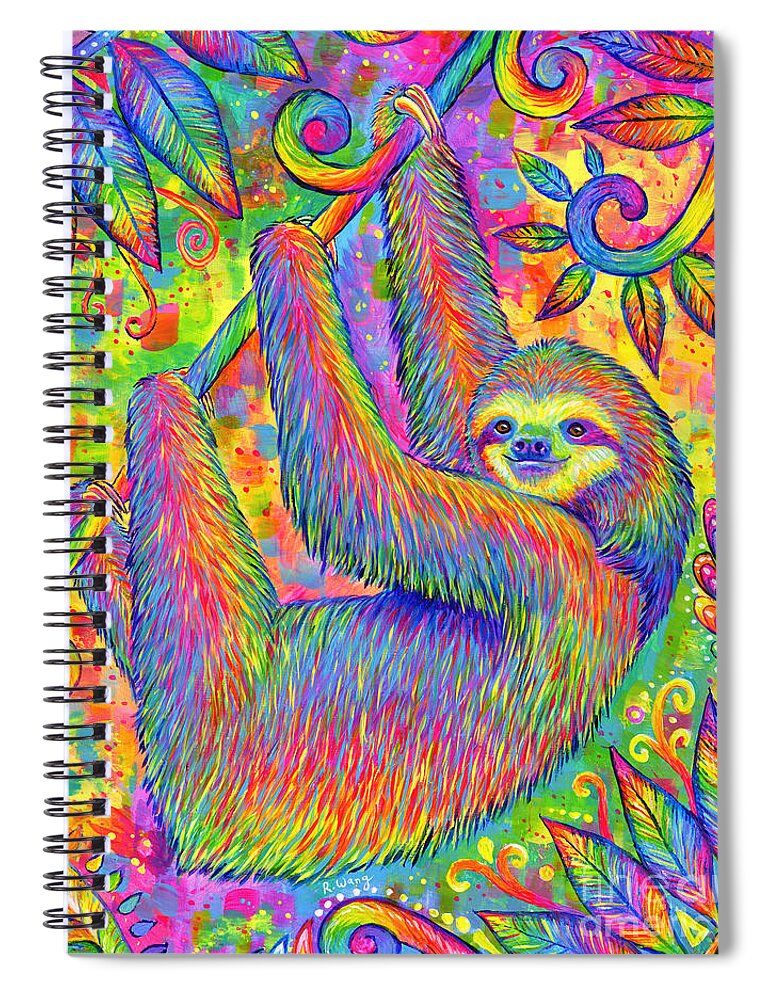 Sloth Spiral Notebook featuring the painting Hanging Around - Psychedelic Sloth by Rebecca Wang