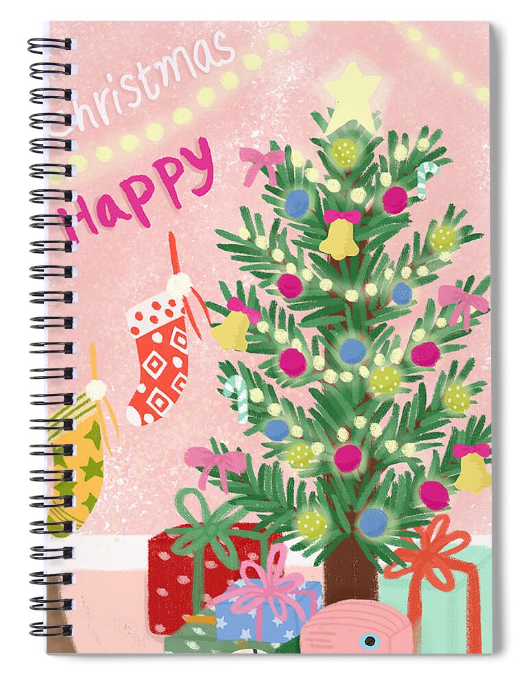 Christmas Spiral Notebook featuring the drawing Happy Christmas by Min fen Zhu