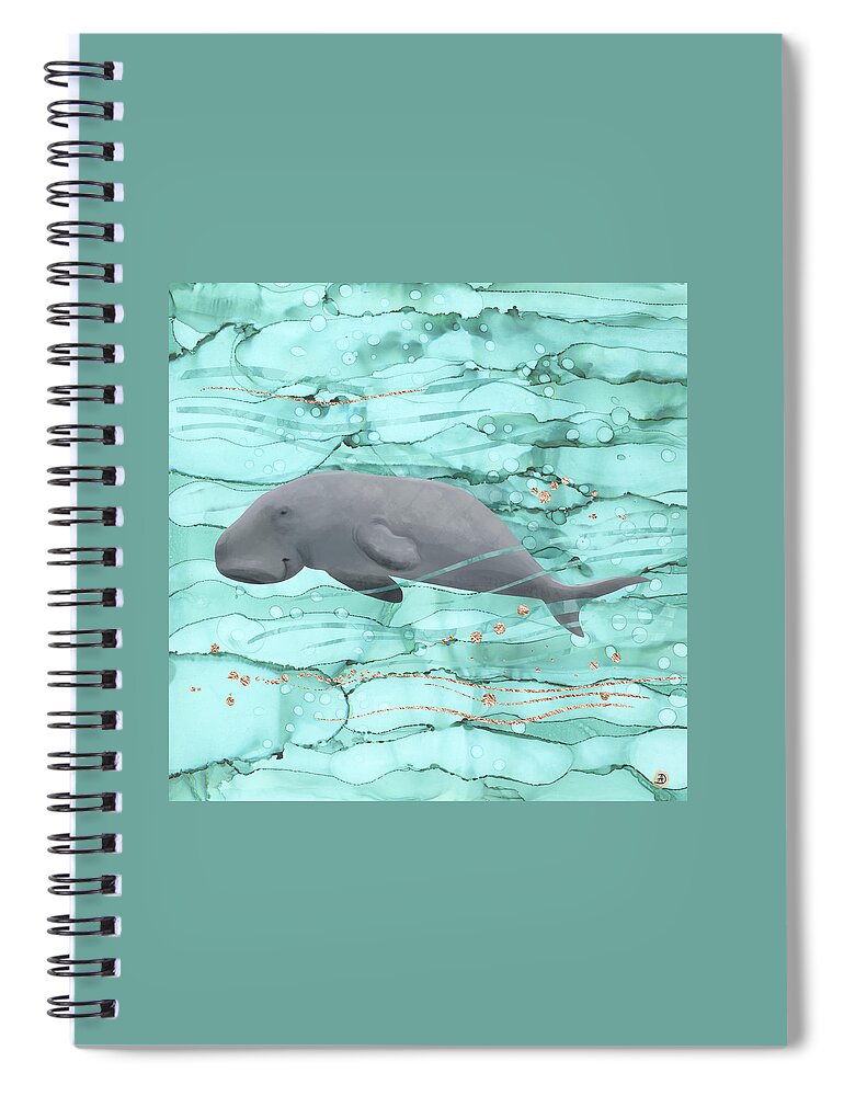 Happy Manatee Spiral Notebook featuring the digital art Happy Dugong Swimming in Coral Reef Waters by Andreea Dumez