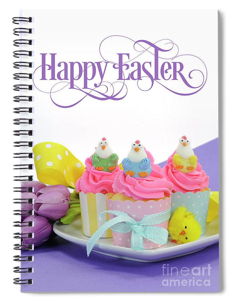 Easter Spiral Notebook featuring the photograph Happy Easter pink, yellow and blue cupcakes with cute chicken decorations and tulips by Milleflore Images