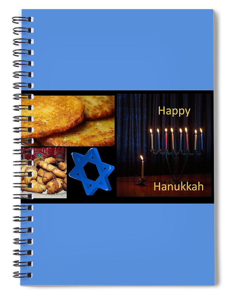 Hanukkah Spiral Notebook featuring the mixed media Happy Hanukkah Food by Nancy Ayanna Wyatt