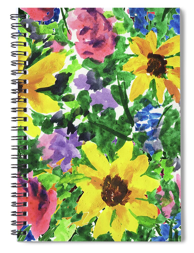Happy Spiral Notebook featuring the painting Happy Impressionistic Flowers Yellow Pink Blue Watercolor Bouquet by Irina Sztukowski
