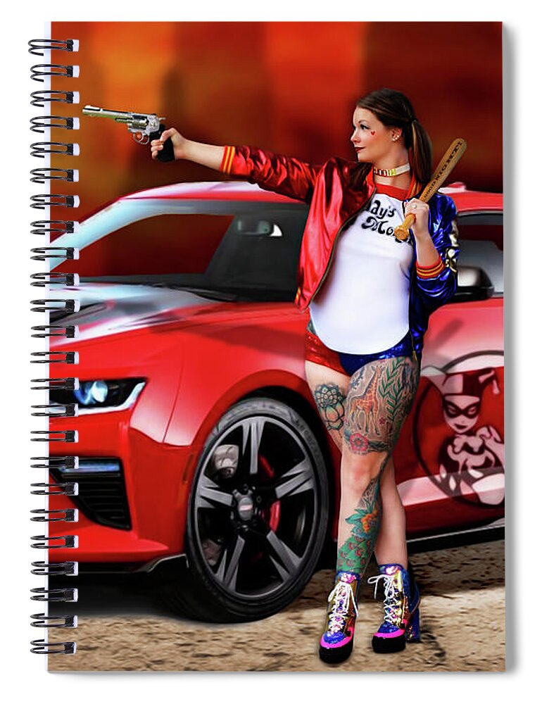 Harley Spiral Notebook featuring the photograph Harley Quinn Pistols and Car by Jon Volden