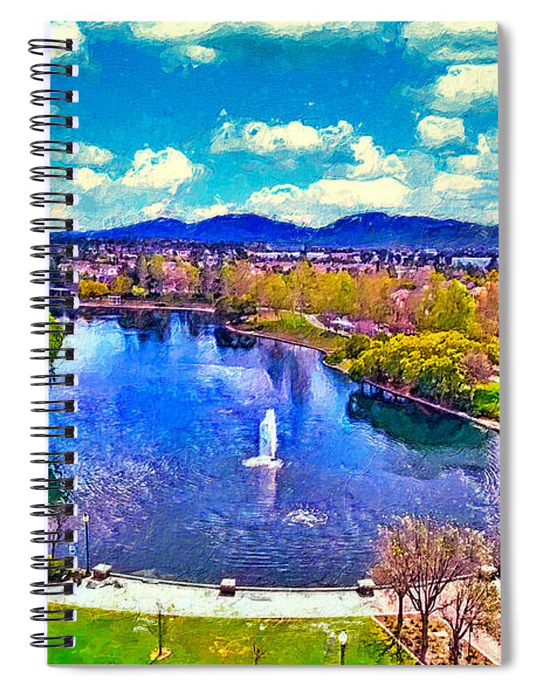 Harveston Lake Spiral Notebook featuring the digital art Harveston Lake and Temecula, California - digital painting by Nicko Prints