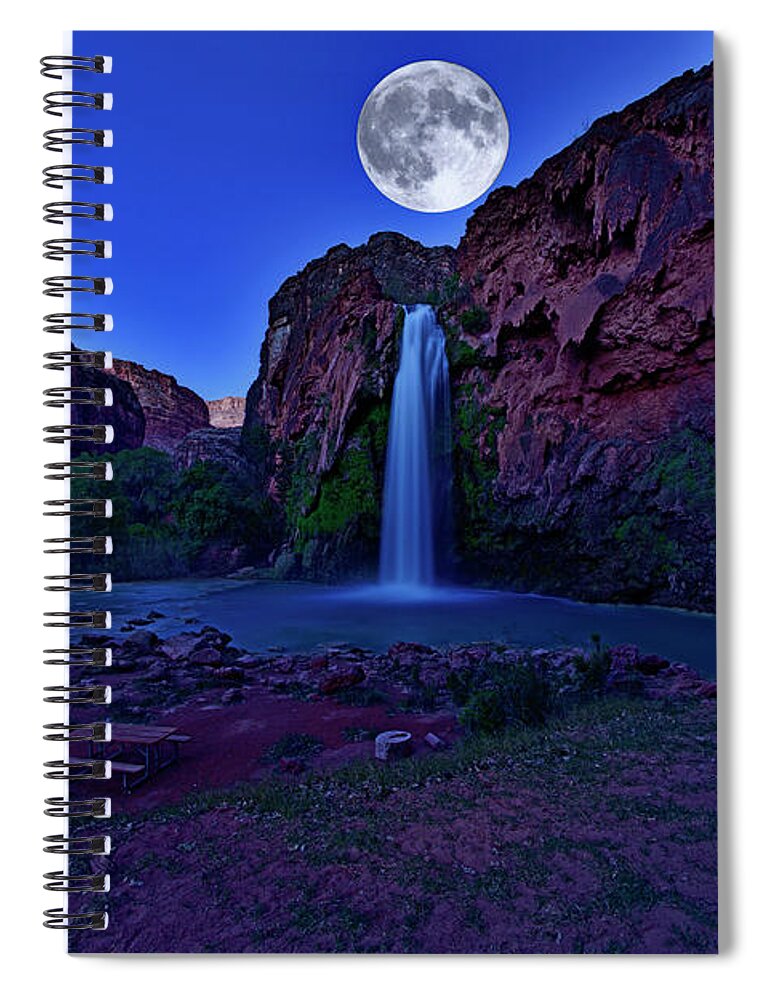 Havasu Falls Spiral Notebook featuring the photograph Havasu Falls with Raising Moon by Amazing Action Photo Video