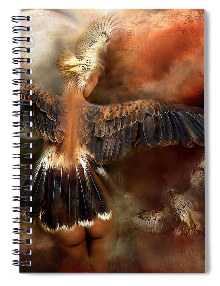 Hawk Spiral Notebook featuring the mixed media Hawk Goddess-Messenger Of The Spirit by Carol Cavalaris
