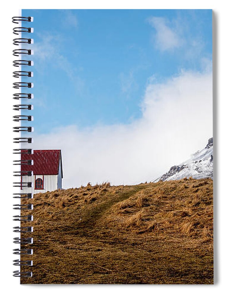 Iceland Spiral Notebook featuring the photograph Hellnar church in Snaefellsnes peninsula of Western Iceland. by Michalakis Ppalis