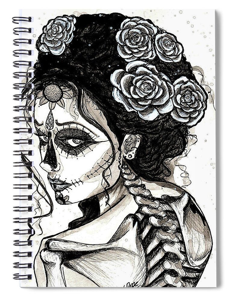 Her Spiral Notebook featuring the mixed media HER Sugar Skull by Kathy Pope