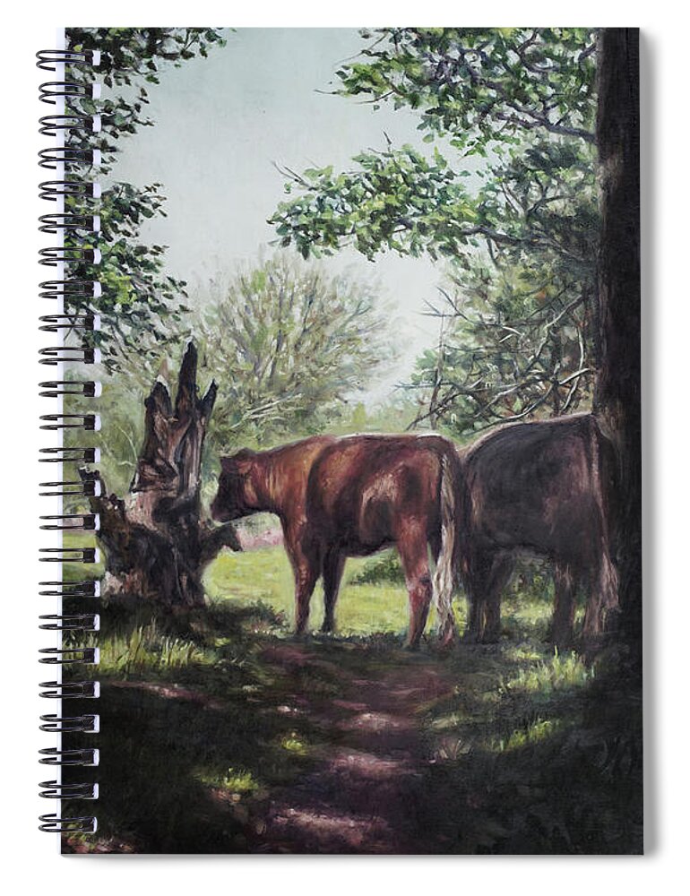 Forest Spiral Notebook featuring the painting Herd of cattle in the New Forest countryside by Martin Davey