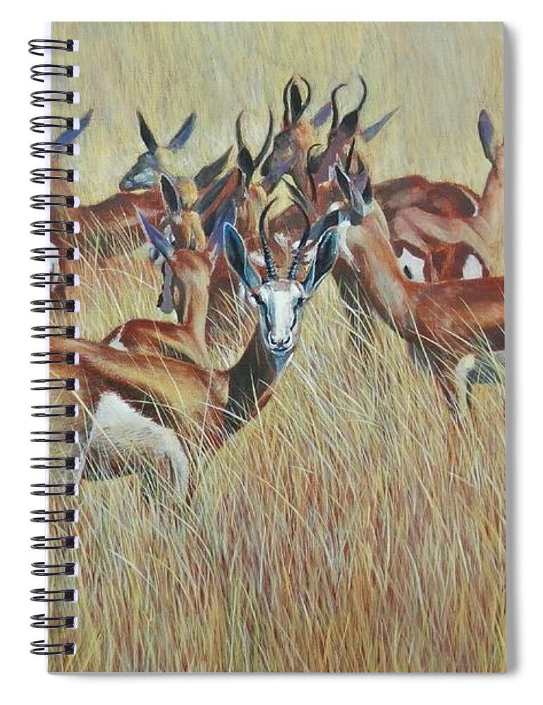Springbok Spiral Notebook featuring the painting Herd of Springbok by John Neeve