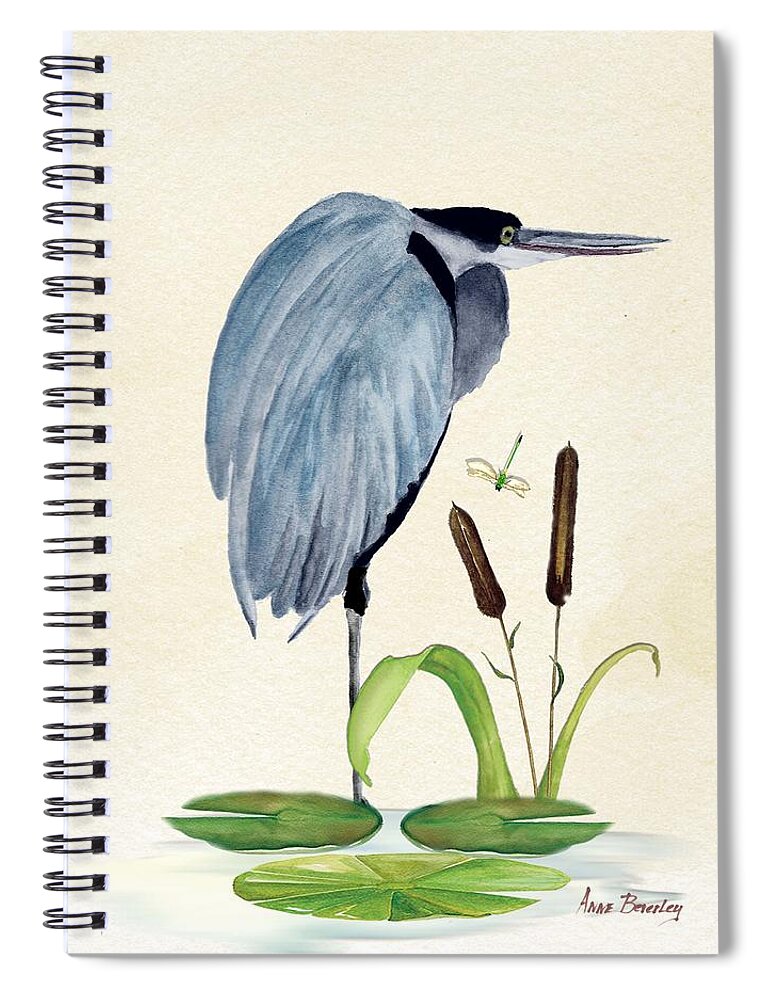 Blue Heron Spiral Notebook featuring the painting Heron Waiting by Anne Beverley-Stamps