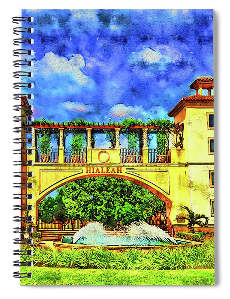 Hialeah Fountain Spiral Notebook featuring the digital art Hialeah Fountain and Entrance Plaza Park - pen and watercolor by Nicko Prints