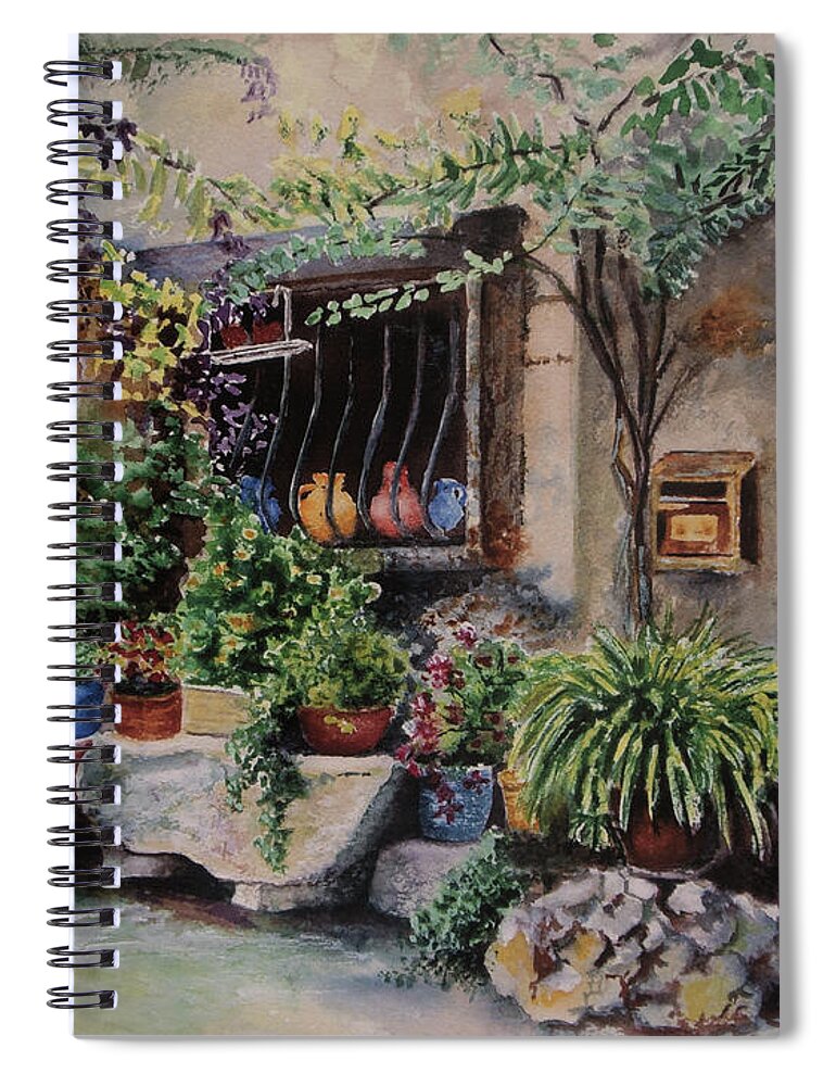 Courtyard Spiral Notebook featuring the painting Hidden Courtyard by Karen Fleschler