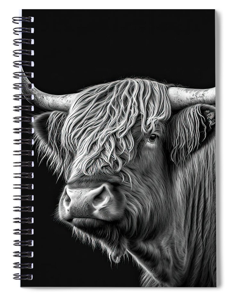 Bull Spiral Notebook featuring the digital art Highland Cattle Portrait 03 Black and White by Matthias Hauser