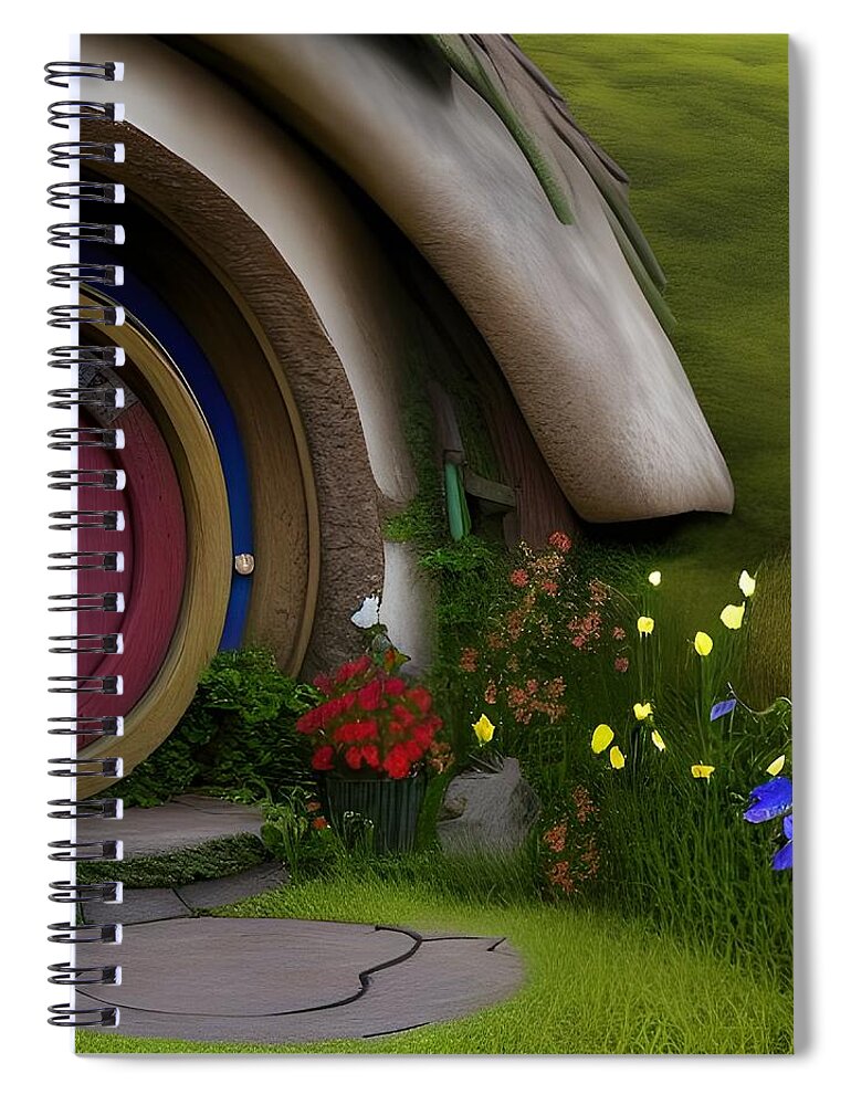 Hobbit Spiral Notebook featuring the digital art Hillside Hobbit Home by Angela Hobbs aka Digital Art Cafe