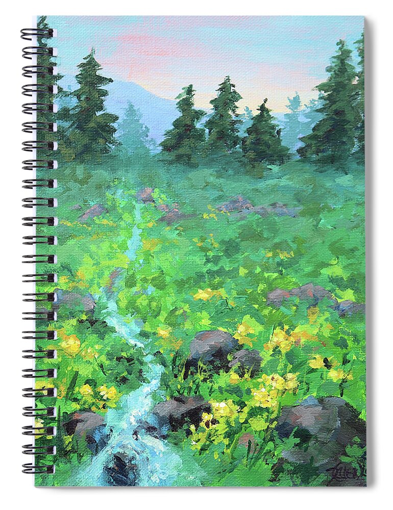 Forest Spiral Notebook featuring the painting Hillside Stream by Karen Ilari