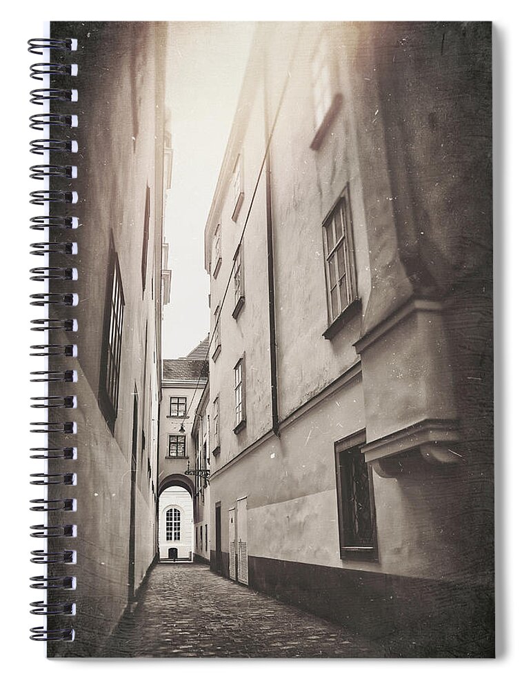 Vienna Spiral Notebook featuring the photograph Historic Cobblestone Streets of Old Vienna Austria Vintage Sepia by Carol Japp
