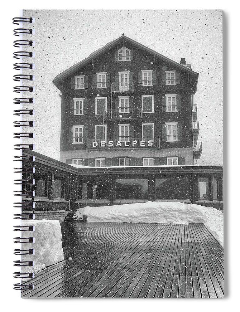 Bellevue Des Alpes Spiral Notebook featuring the photograph Historic Hotel Bellevue des Alpes Kleine Scheidegg Jungfrau Switzerland Black and White by Shawn O'Brien