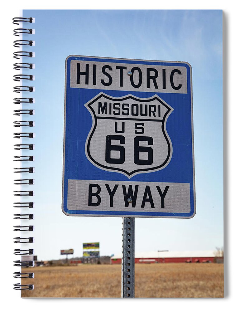 Historic Route 66 Missouri Sign Spiral Notebook featuring the photograph Historic Route 66 Missouri Byway road sign by Eldon McGraw