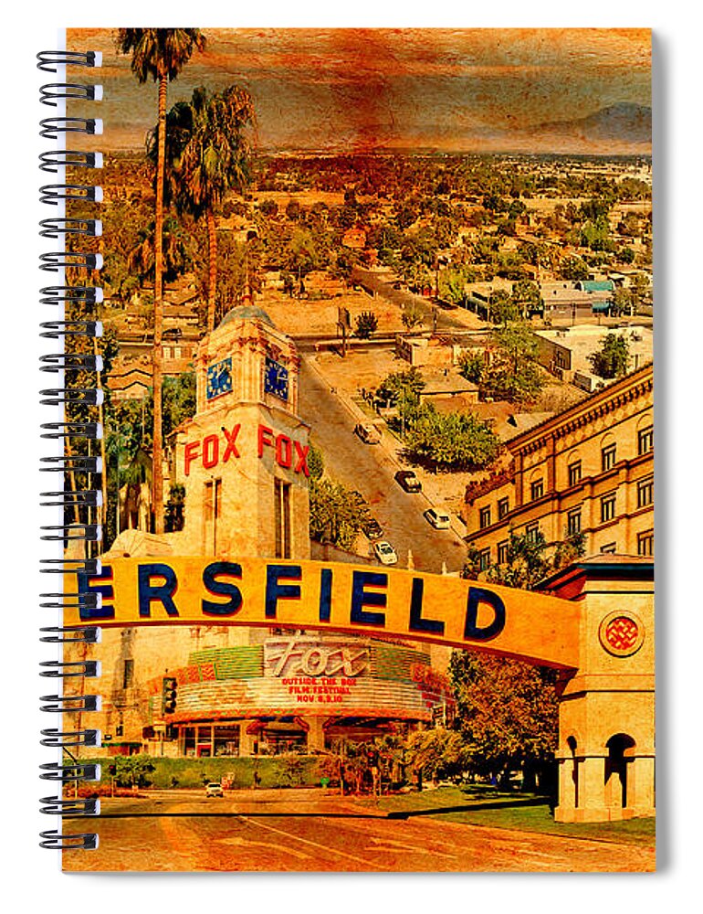 Bakersfield Spiral Notebook featuring the digital art Historical buildings of Bakersfield, California, blended on old paper by Nicko Prints