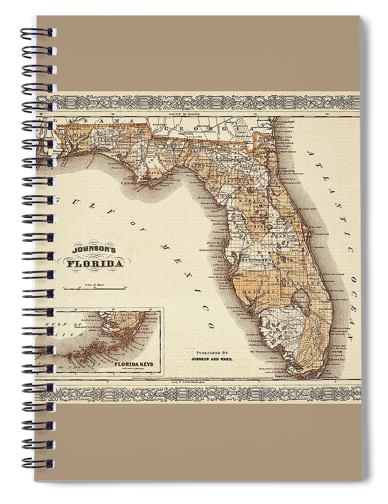 Florida Map Spiral Notebook featuring the photograph Historical Map of Florida 1866 Sepia by Carol Japp