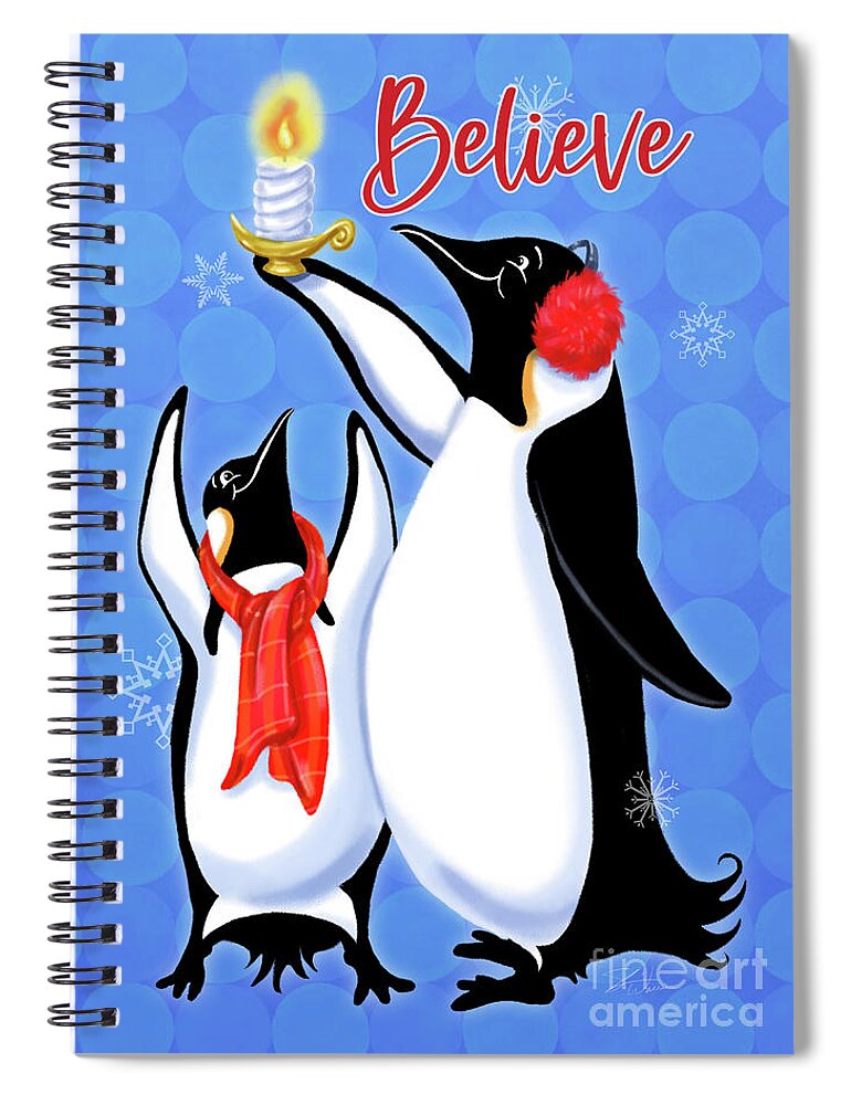 Christmas Spiral Notebook featuring the mixed media Holiday Penguins-Believe by Shari Warren