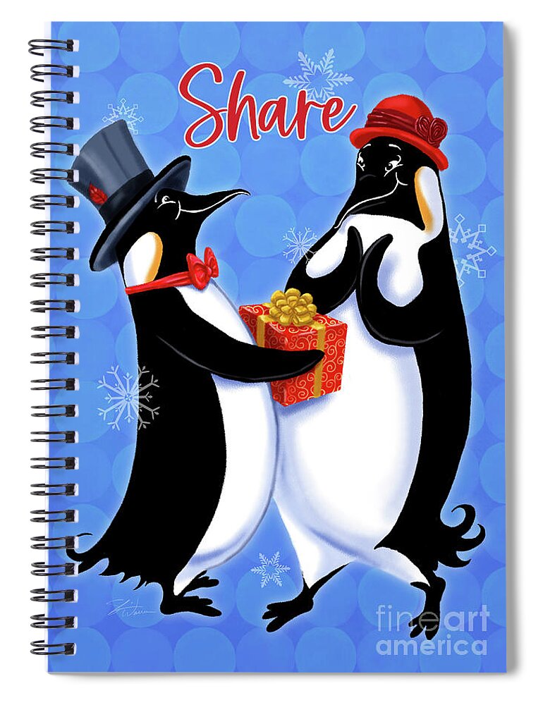 Christmas Spiral Notebook featuring the mixed media Holiday Penguins-Share by Shari Warren