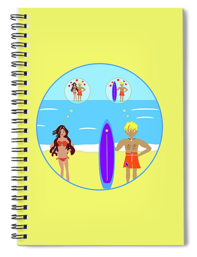 Surfer Spiral Notebook featuring the digital art Surfer and Girl Romance on the Beach by Barefoot Bodeez Art