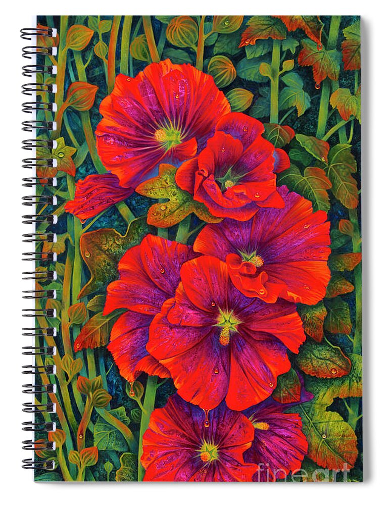 Flowers Spiral Notebook featuring the painting Hollyhocks - 3D by Ricardo Chavez-Mendez