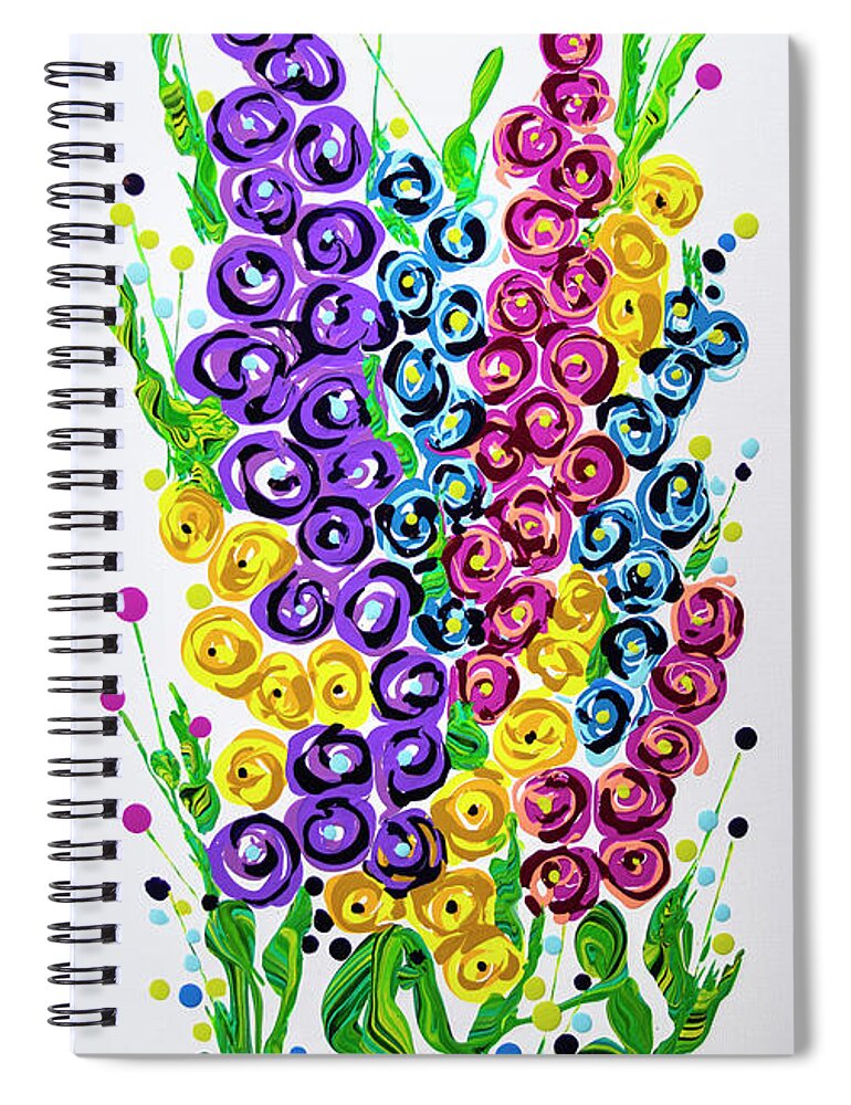 Abstract Flower Painting Spiral Notebook featuring the painting Hollyhocks Blast by Jane Crabtree