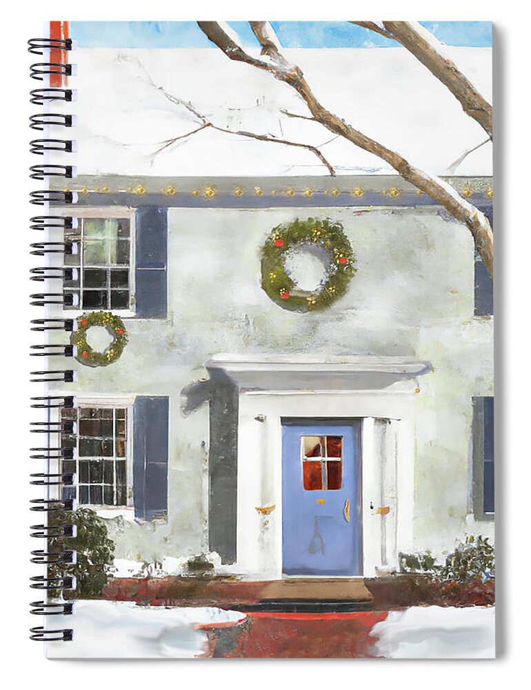 House Spiral Notebook featuring the digital art Home for the Holidays - House with Wreaths by Alison Frank