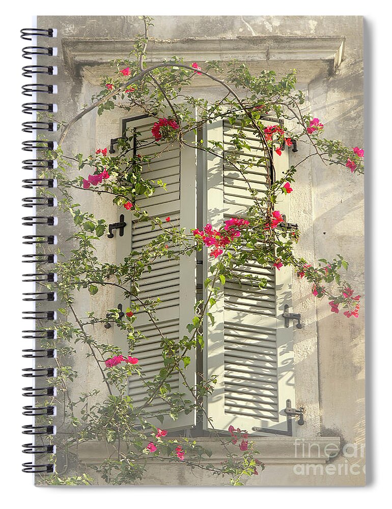 Home Sweet Window Shatters Flowers Soft Delicate Gentle Pleasing Impressionistic Impressions Impressionism Attractive Allure Atmospheric Uplifting Conceptual Charismatic Dreams Growing Flowering Peace Peaceful Tranquil Tranquility Restful Relaxing Relaxation Painterly Artistic Pastel Watercolor Art Old Smart Thought Provoking Thoughtful Haven House Poetic Magical Sunny Day Afternoon Foggy Misty Touching Life-style Half-opened Greece Corfu Greek Inspirational Spiritual Lightness Sun Highlights Spiral Notebook featuring the photograph Home Sweet Home,warm Andtender by Tatiana Bogracheva